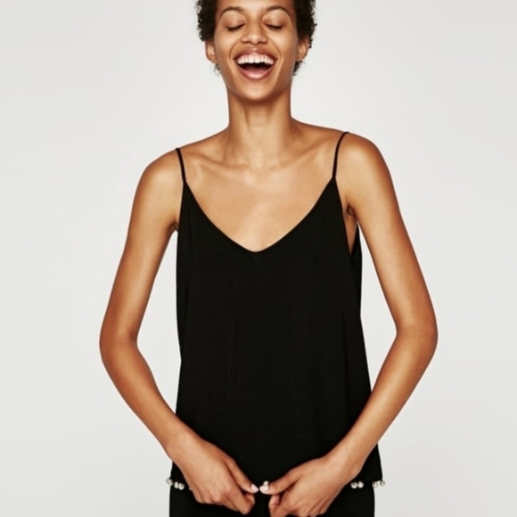 Zara Ribbed Spaghetti Strap V-Neck Long Thick Cami Pearl Hem Detail Black - sz S - Picture 3 of 8